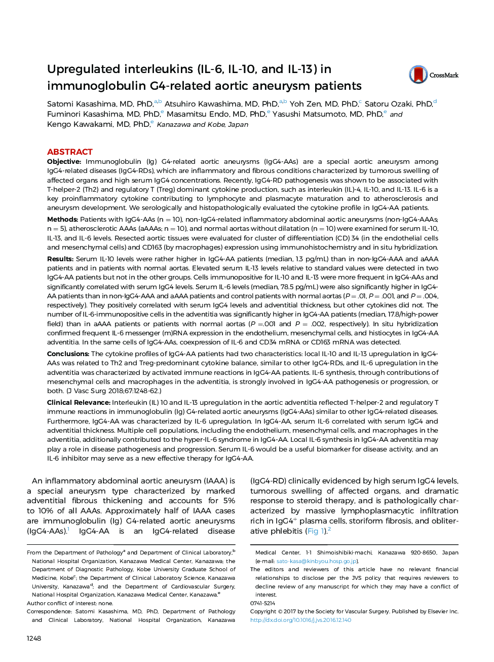 Upregulated interleukins (IL-6, IL-10, and IL-13) in immunoglobulin G4-related aortic aneurysm patients