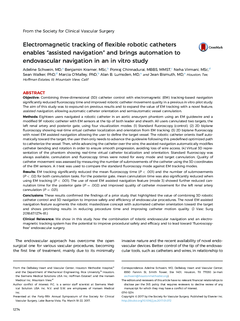 Electromagnetic tracking of flexible robotic catheters enables “assisted navigation” and brings automation to endovascular navigation in an in vitro study