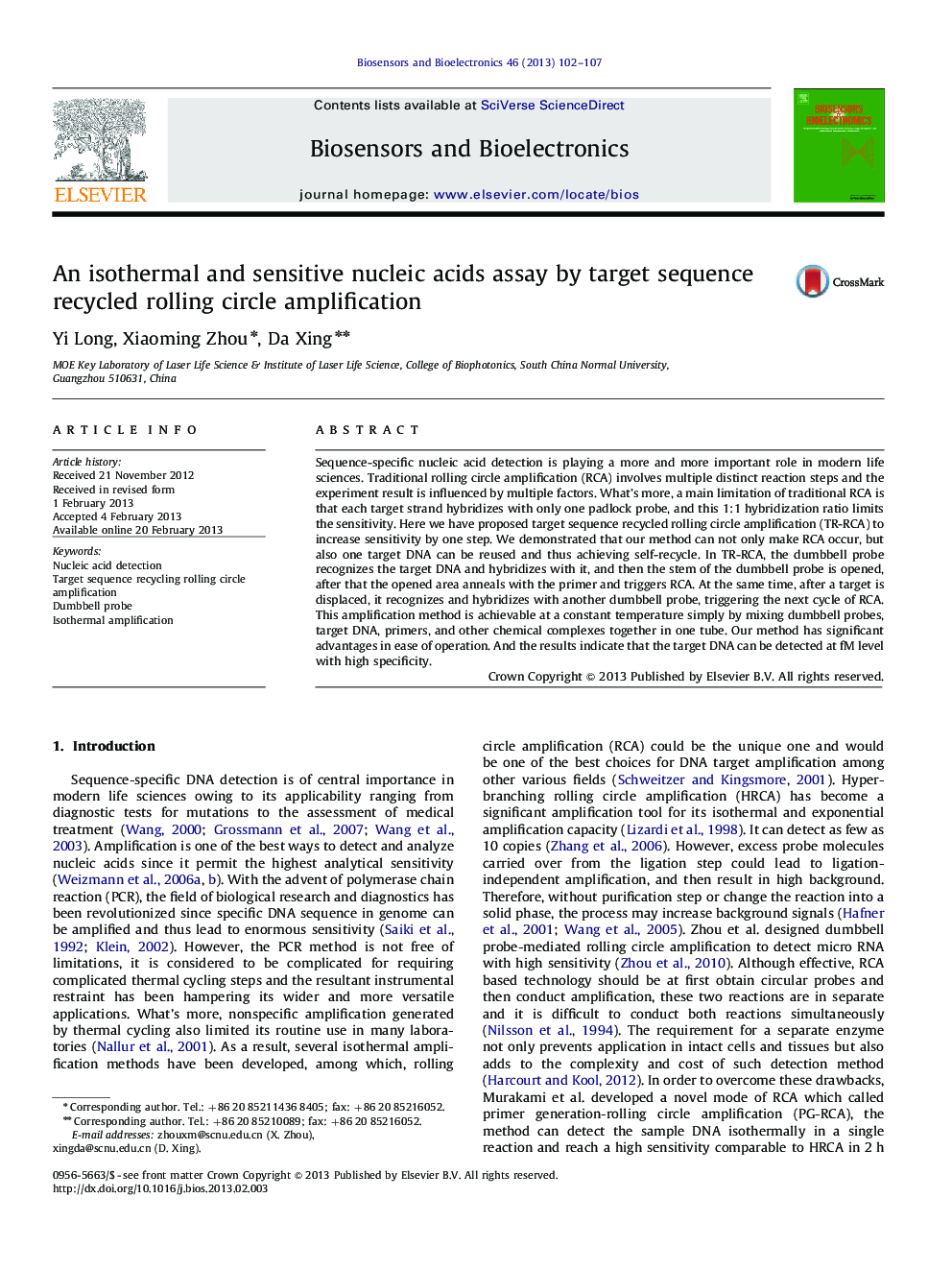 An isothermal and sensitive nucleic acids assay by target sequence recycled rolling circle amplification