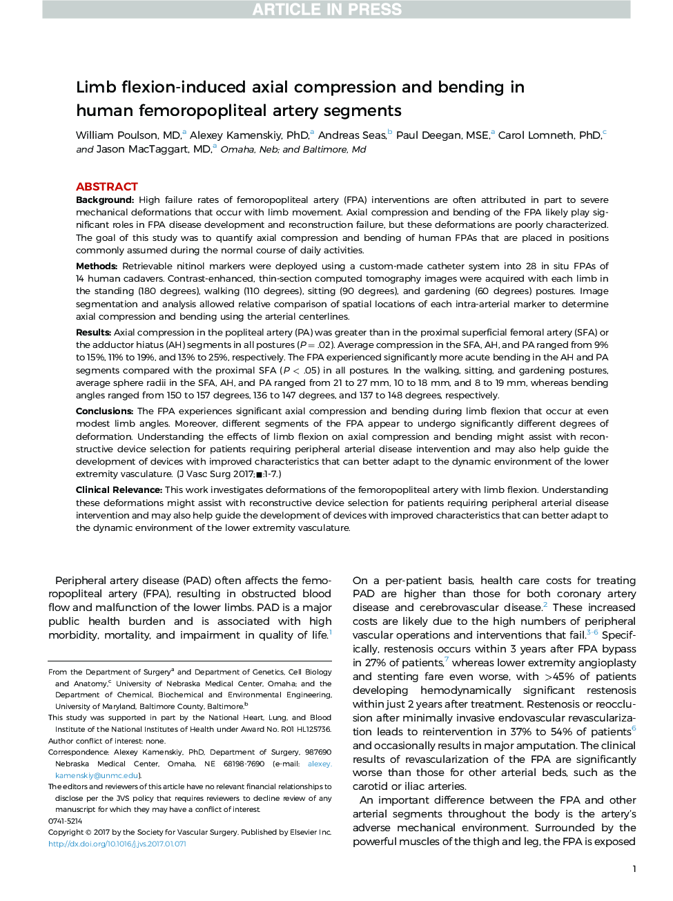 Limb flexion-induced axial compression and bending in human femoropopliteal artery segments