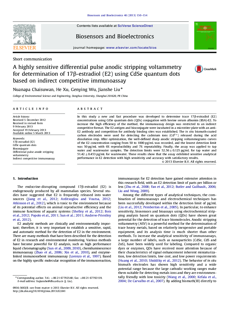 A highly sensitive differential pulse anodic stripping voltammetry for determination of 17β-estradiol (E2) using CdSe quantum dots based on indirect competitive immunoassay