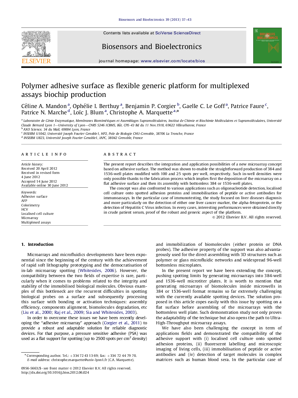 Polymer adhesive surface as flexible generic platform for multiplexed assays biochip production