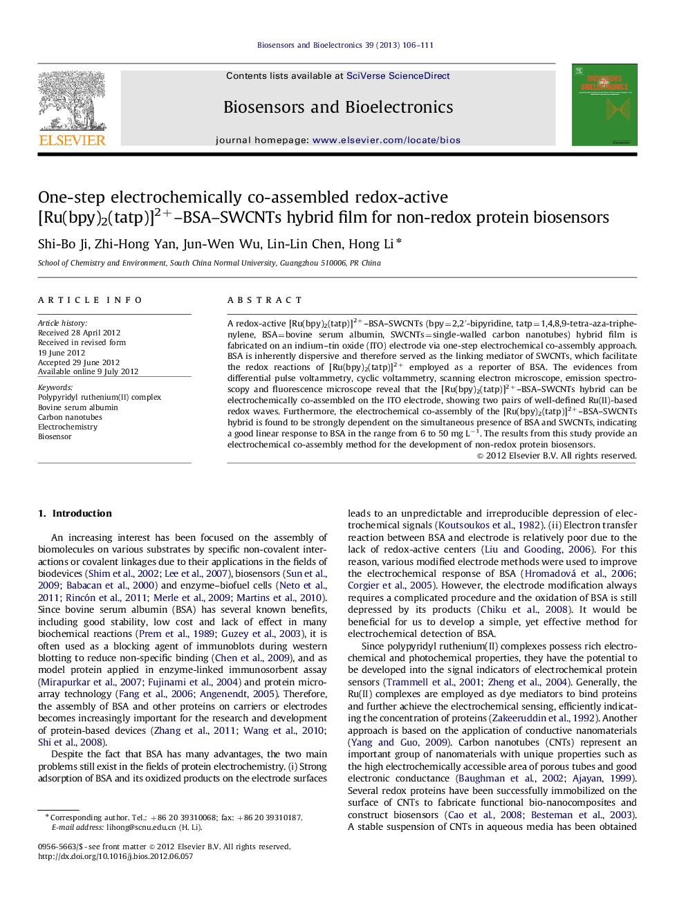 One-step electrochemically co-assembled redox-active [Ru(bpy)2(tatp)]2+–BSA–SWCNTs hybrid film for non-redox protein biosensors