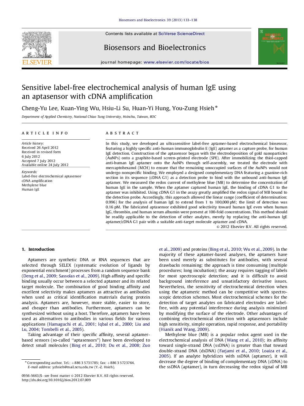 Sensitive label-free electrochemical analysis of human IgE using an aptasensor with cDNA amplification