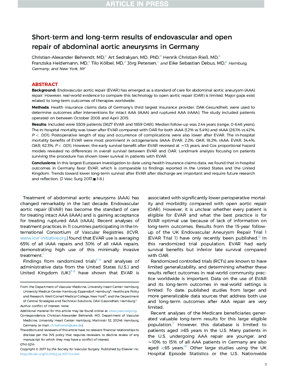 Short-term and long-term results of endovascular and open repair of abdominal aortic aneurysms in Germany