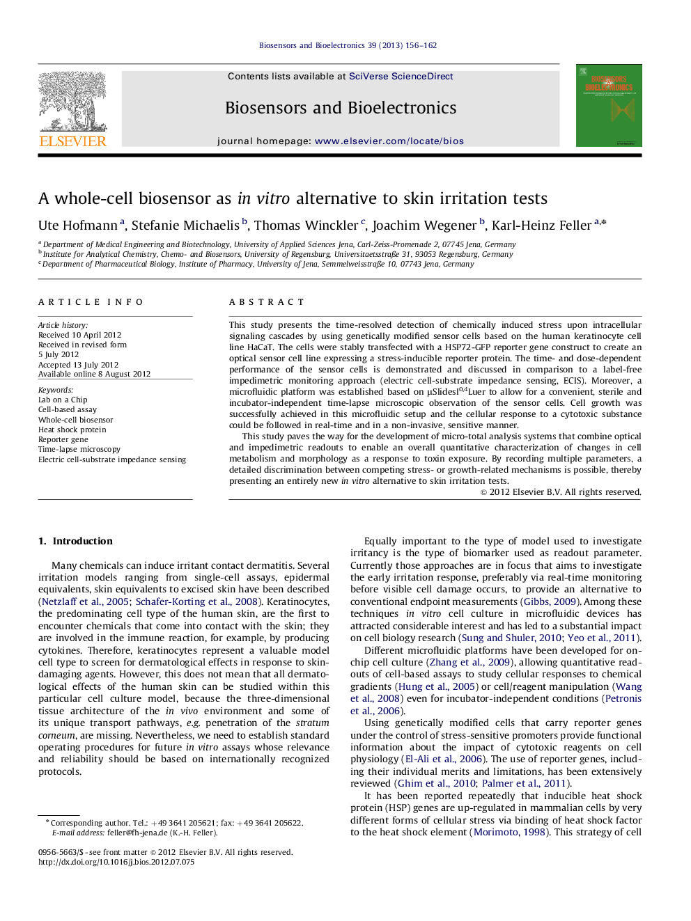 A whole-cell biosensor as in vitro alternative to skin irritation tests