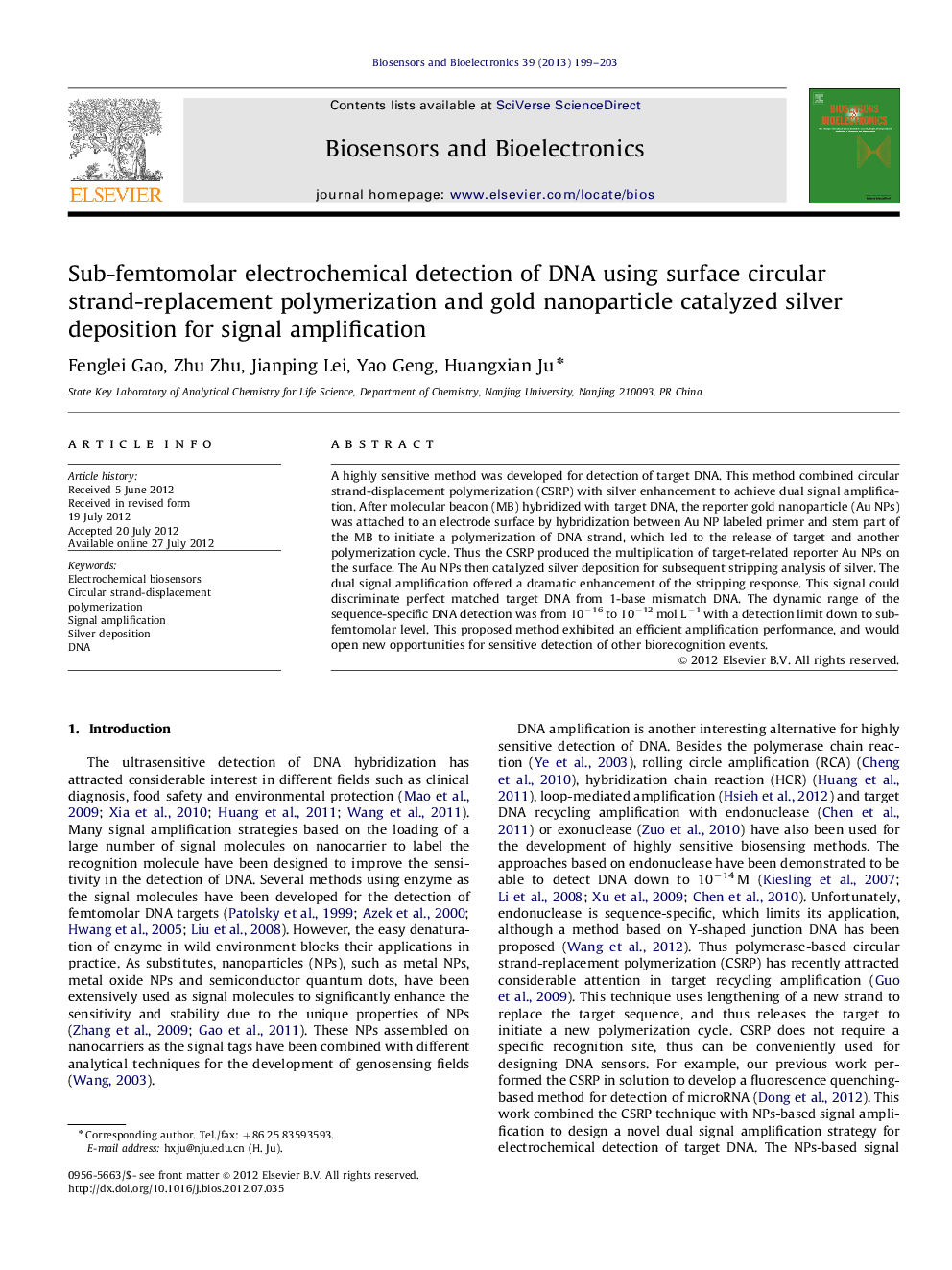 Sub-femtomolar electrochemical detection of DNA using surface circular strand-replacement polymerization and gold nanoparticle catalyzed silver deposition for signal amplification