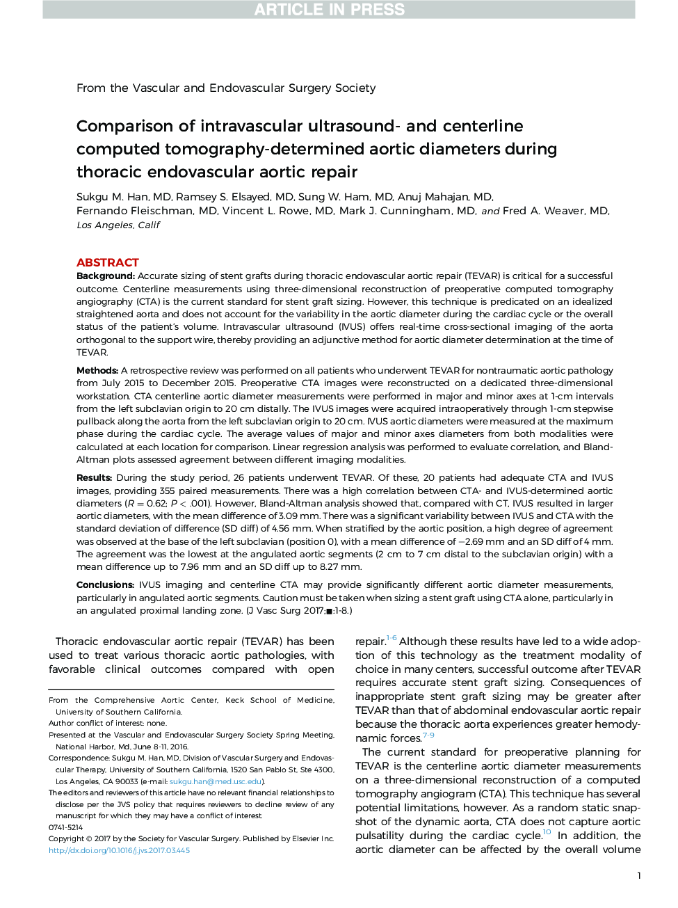 Comparison of intravascular ultrasound- and centerline computed tomography-determined aortic diameters during thoracic endovascular aortic repair