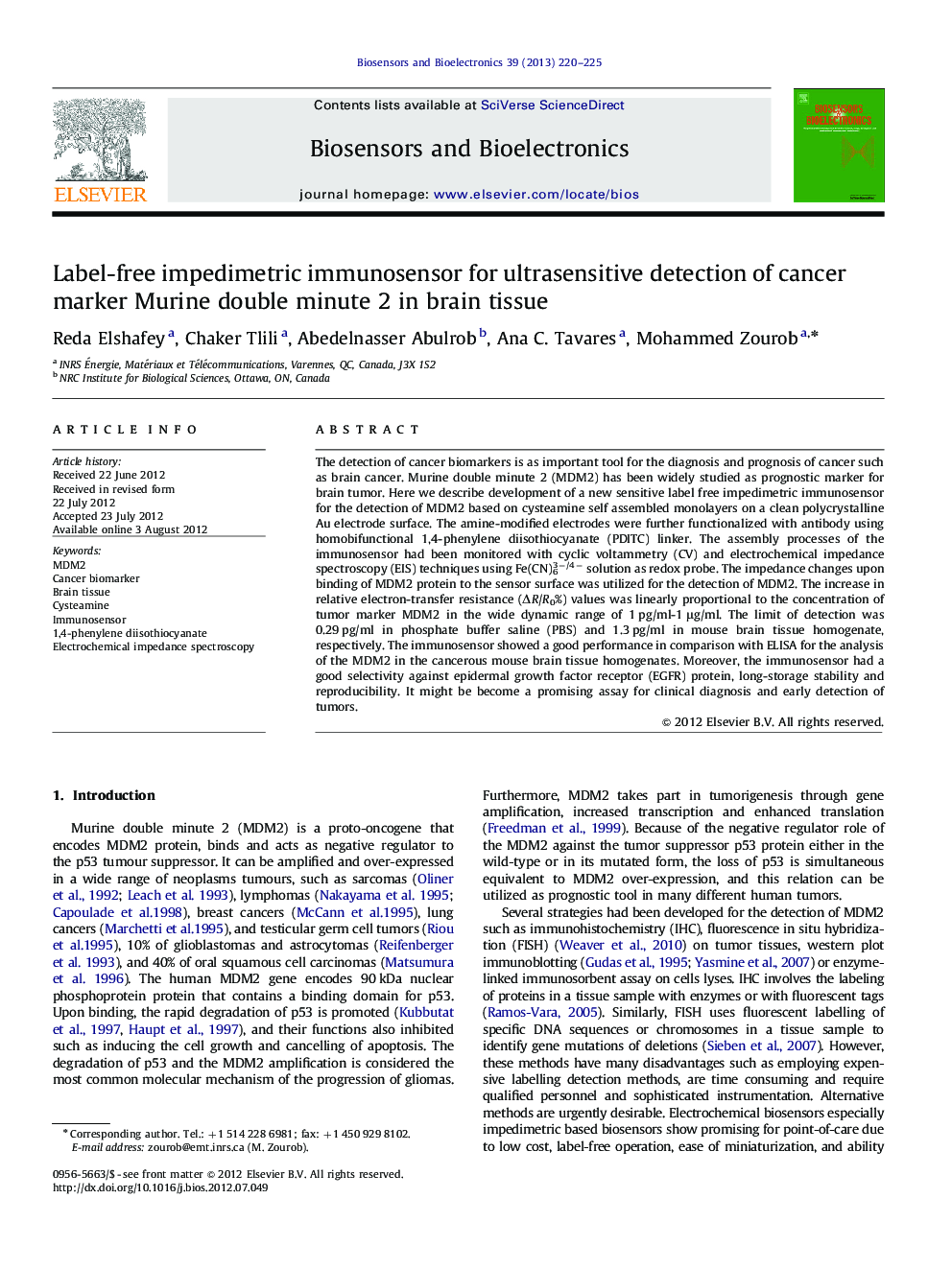 Label-free impedimetric immunosensor for ultrasensitive detection of cancer marker Murine double minute 2 in brain tissue