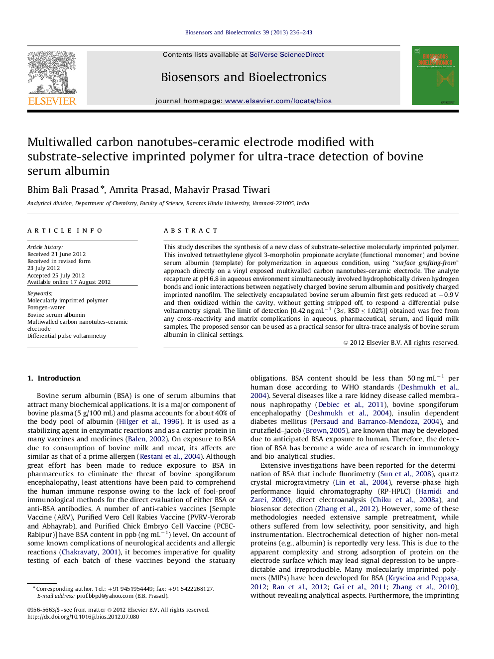 Multiwalled carbon nanotubes-ceramic electrode modified with substrate-selective imprinted polymer for ultra-trace detection of bovine serum albumin