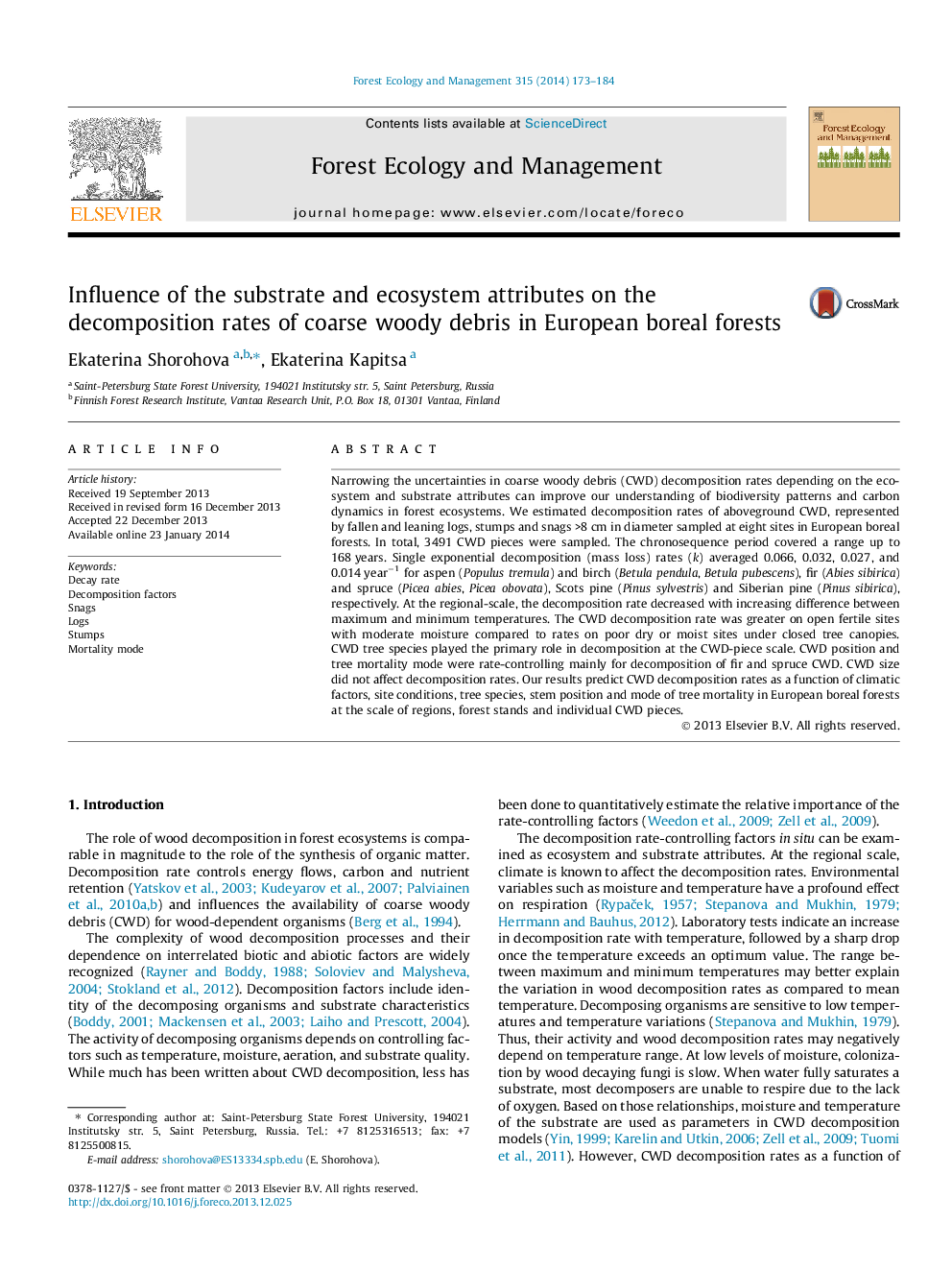 Influence of the substrate and ecosystem attributes on the decomposition rates of coarse woody debris in European boreal forests