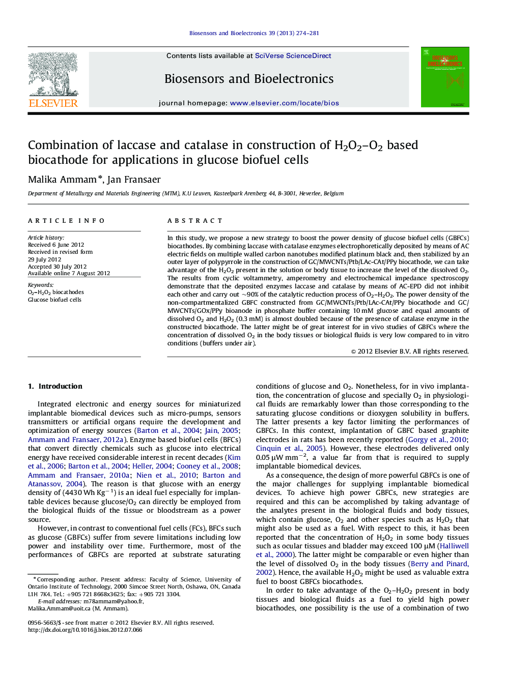 Combination of laccase and catalase in construction of H2O2–O2 based biocathode for applications in glucose biofuel cells