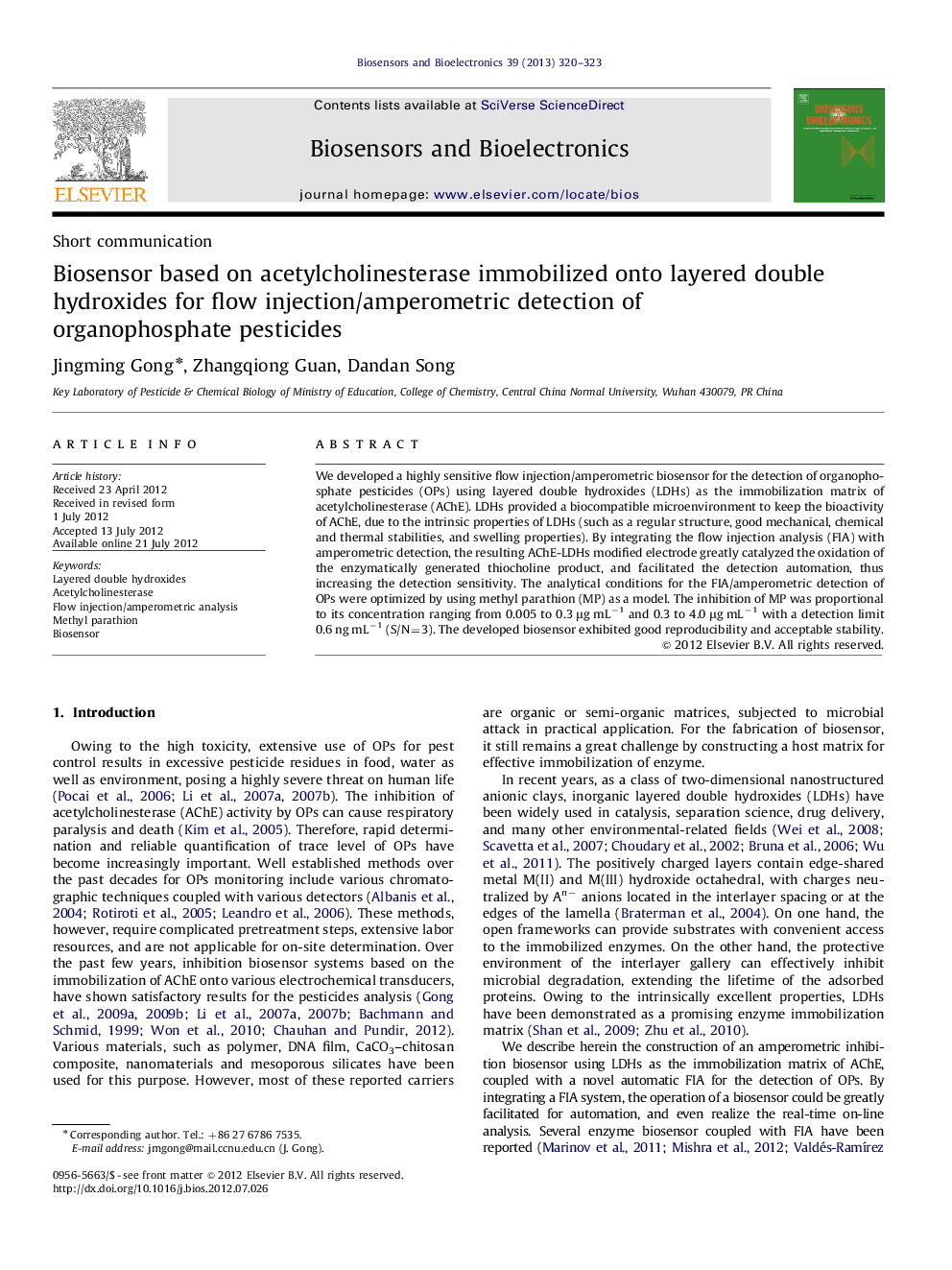 Biosensor based on acetylcholinesterase immobilized onto layered double hydroxides for flow injection/amperometric detection of organophosphate pesticides