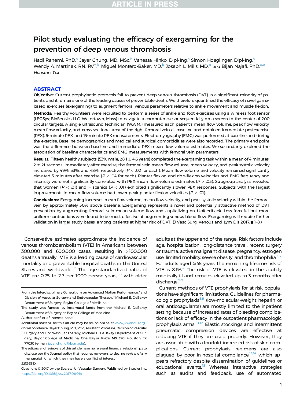 عکس صفحه اول مقاله: Pilot study evaluating the efficacy of exergaming for the prevention of deep venous thrombosis Pilot study evaluating the efficacy of exergaming for the prevention of deep venous thrombosis