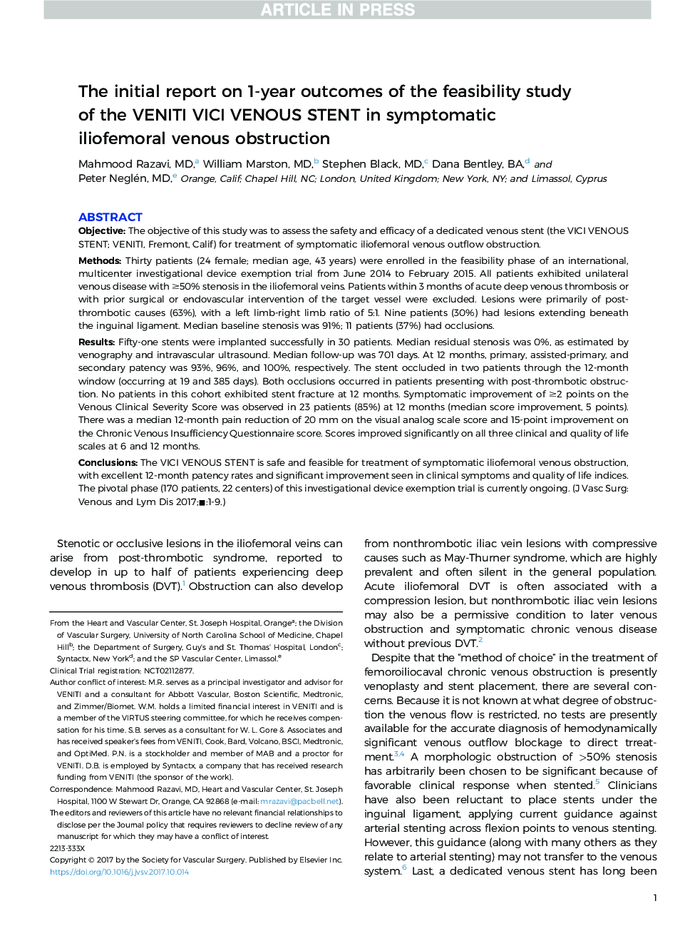 عکس صفحه اول مقاله: The initial report on 1-year outcomes of the feasibility study of the VENITI VICI VENOUS STENT in symptomatic iliofemoral venous obstruction The initial report on 1-year outcomes of the feasibility study of the VENITI VICI VENOUS STENT in symptomatic iliofemoral venous obstruction