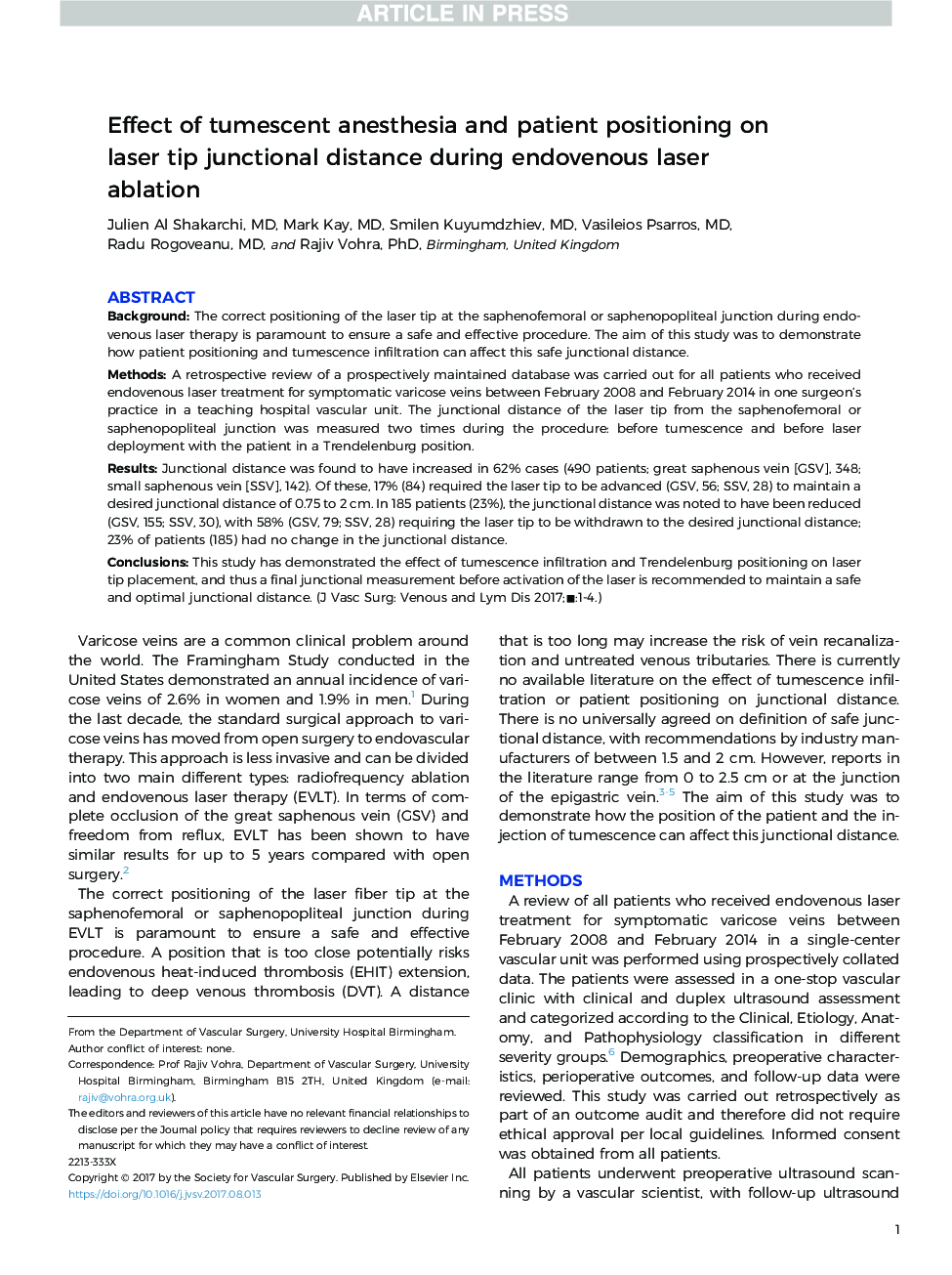 Effect of tumescent anesthesia and patient positioning on laser tip junctional distance during endovenous laser ablation