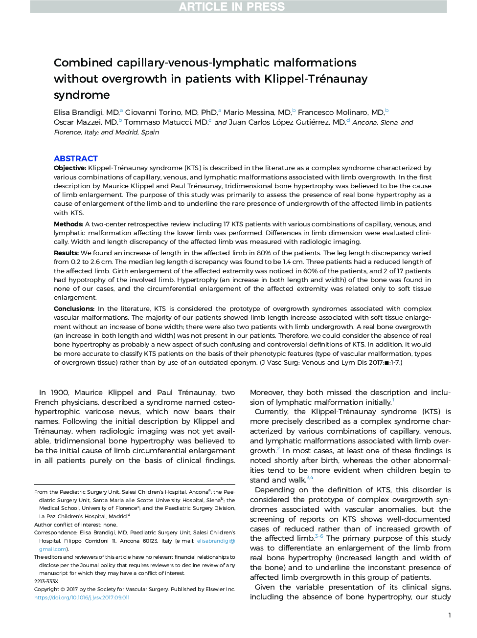 عکس صفحه اول مقاله: Combined capillary-venous-lymphatic malformations without overgrowth in patients with Klippel-Trénaunay syndrome Combined capillary-venous-lymphatic malformations without overgrowth in patients with Klippel-Trénaunay syndrome