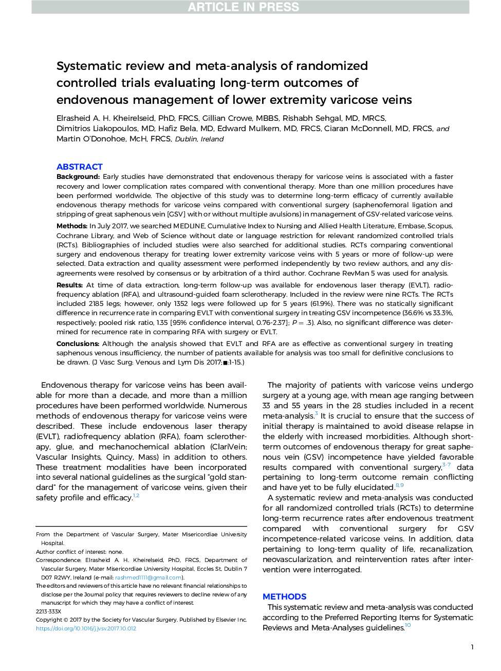 عکس صفحه اول مقاله: Systematic review and meta-analysis of randomized controlled trials evaluating long-term outcomes of endovenous management of lower extremity varicose veins Systematic review and meta-analysis of randomized controlled trials evaluating long-term outcomes of endovenous management of lower extremity varicose veins