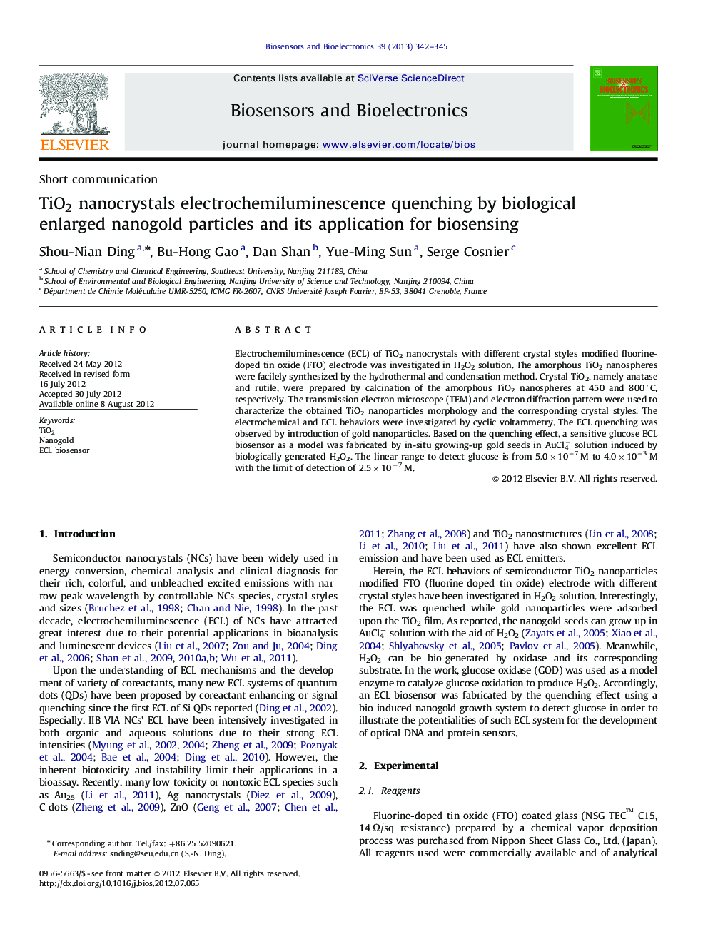 عکس صفحه اول مقاله: TiO2 nanocrystals electrochemiluminescence quenching by biological enlarged nanogold particles and its application for biosensing TiO2 nanocrystals electrochemiluminescence quenching by biological enlarged nanogold particles and its application for biosensing