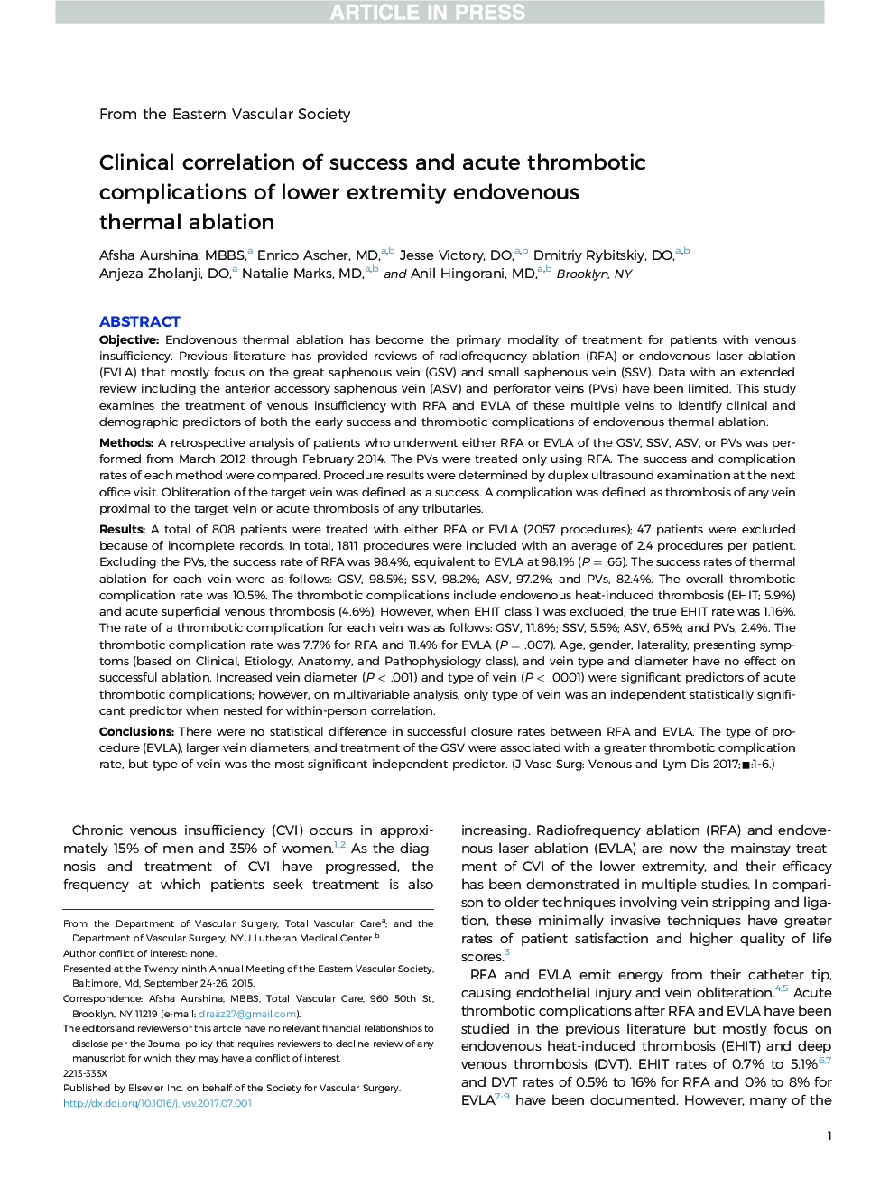 عکس صفحه اول مقاله: Clinical correlation of success and acute thrombotic complications of lower extremity endovenous thermal ablation Clinical correlation of success and acute thrombotic complications of lower extremity endovenous thermal ablation