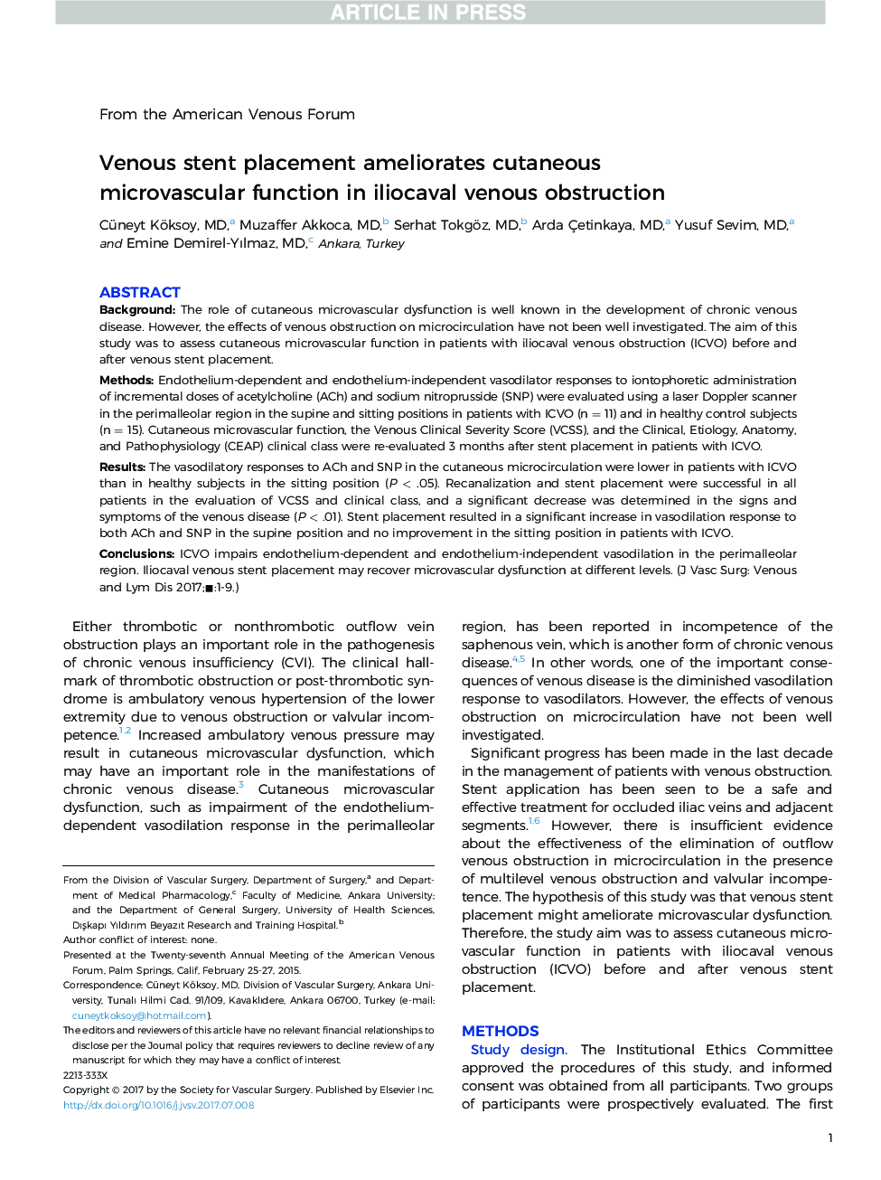 Venous stent placement ameliorates cutaneous microvascular function in iliocaval venous obstruction