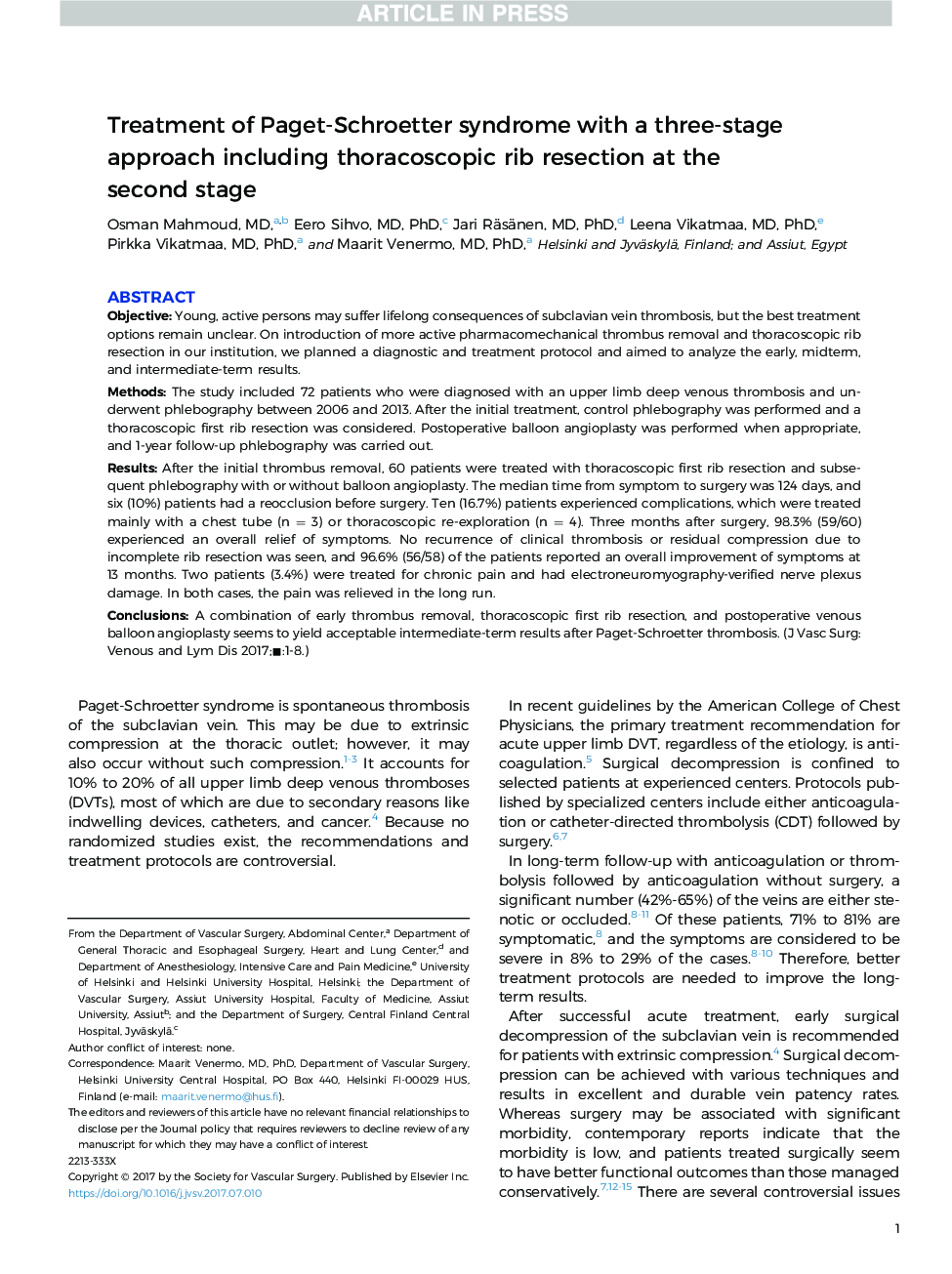Treatment of Paget-Schroetter syndrome with a three-stage approach including thoracoscopic rib resection at the second stage