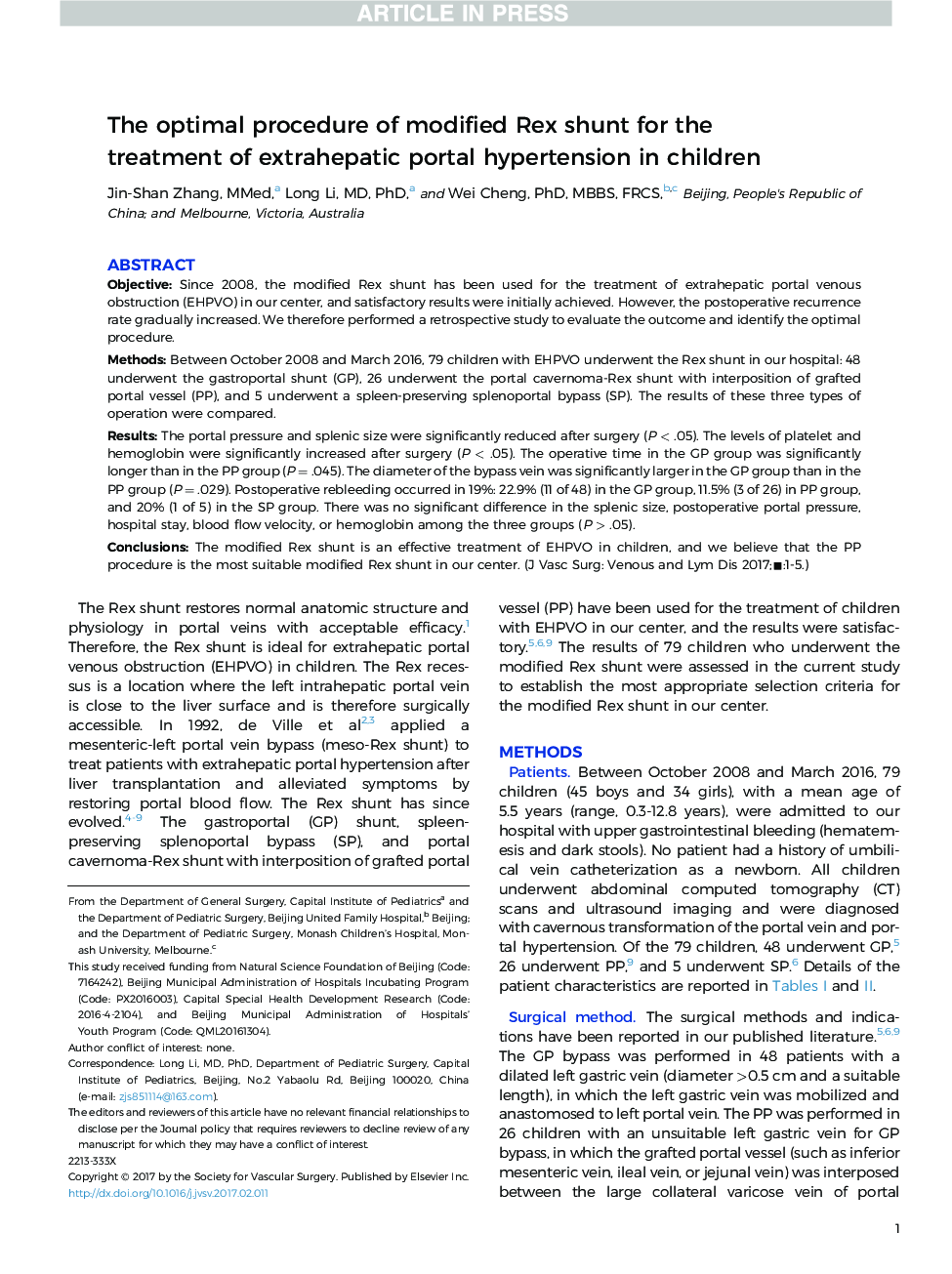 عکس صفحه اول مقاله: The optimal procedure of modified Rex shunt for the treatment of extrahepatic portal hypertension in children The optimal procedure of modified Rex shunt for the treatment of extrahepatic portal hypertension in children