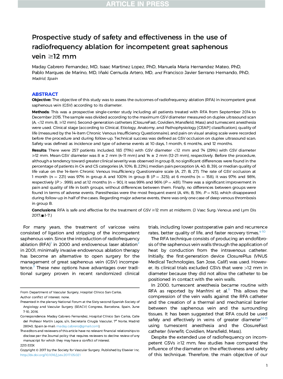 عکس صفحه اول مقاله: Prospective study of safety and effectiveness in the use of radiofrequency ablation for incompetent great saphenous vein â¥12 mm Prospective study of safety and effectiveness in the use of radiofrequency ablation for incompetent great saphenous vein â¥12 mm