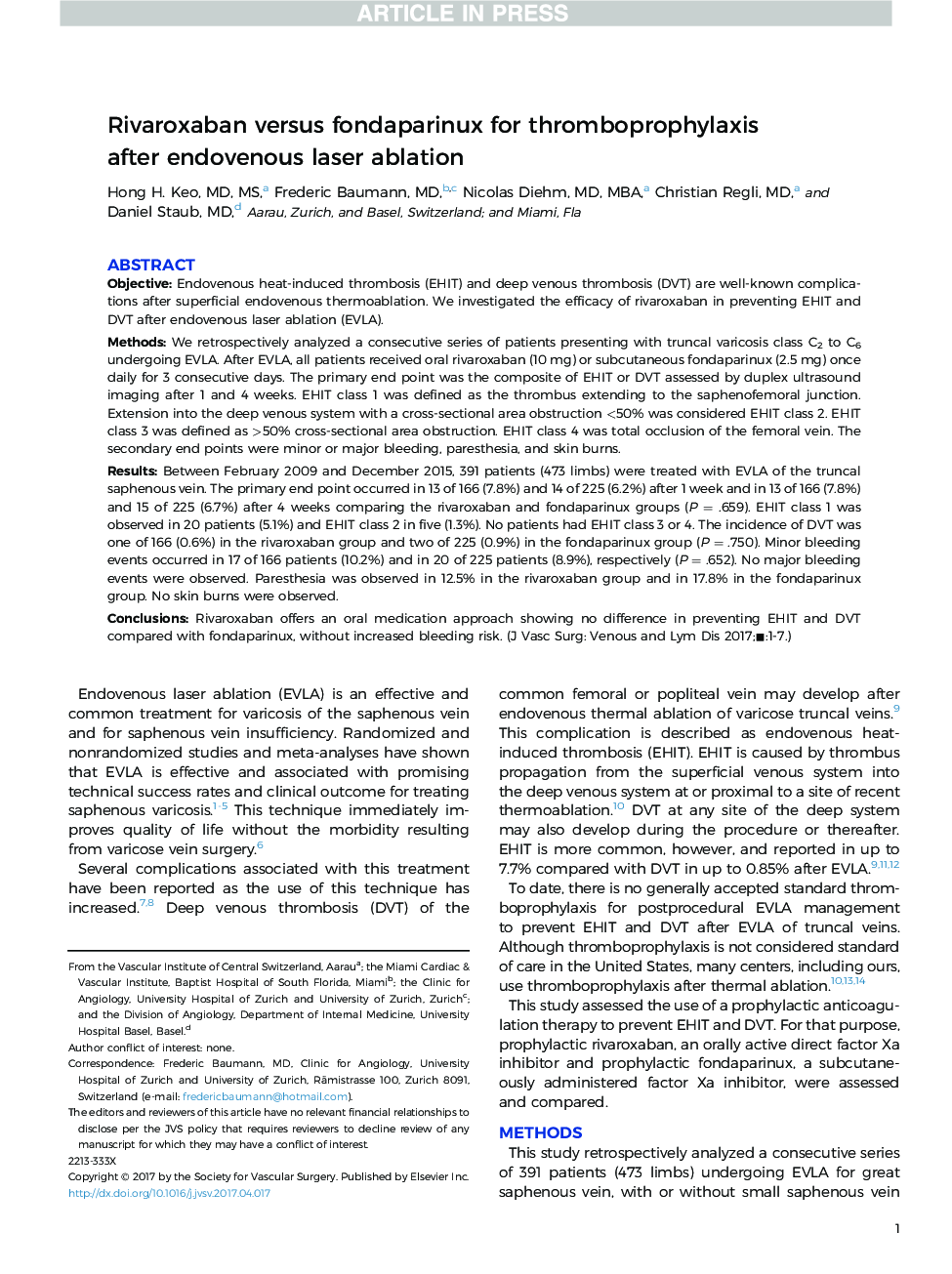 عکس صفحه اول مقاله: Rivaroxaban versus fondaparinux for thromboprophylaxis after endovenous laser ablation Rivaroxaban versus fondaparinux for thromboprophylaxis after endovenous laser ablation