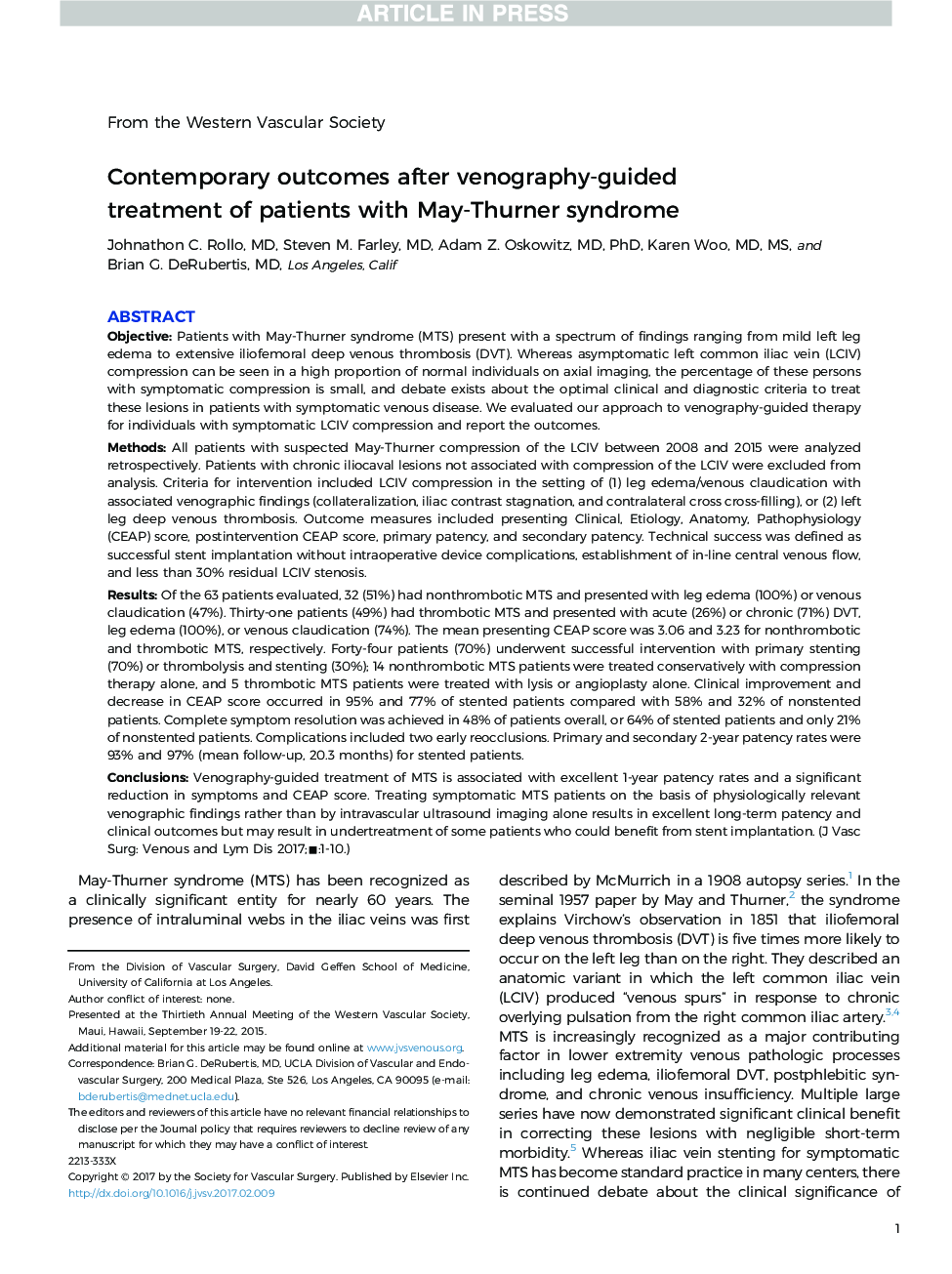Contemporary outcomes after venography-guided treatment of patients with May-Thurner syndrome