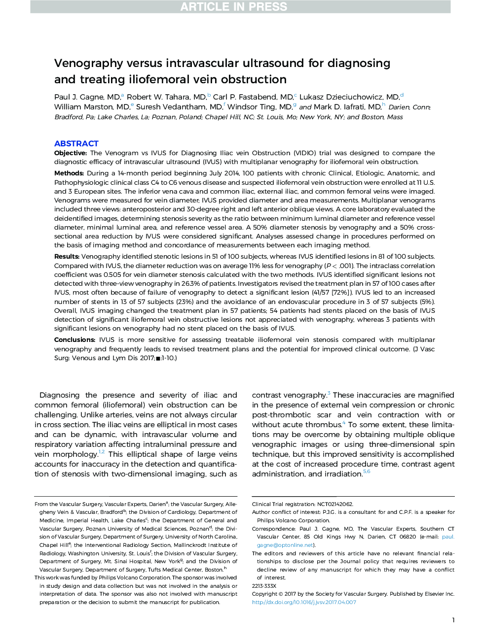 عکس صفحه اول مقاله: Venography versus intravascular ultrasound for diagnosing and treating iliofemoral vein obstruction Venography versus intravascular ultrasound for diagnosing and treating iliofemoral vein obstruction
