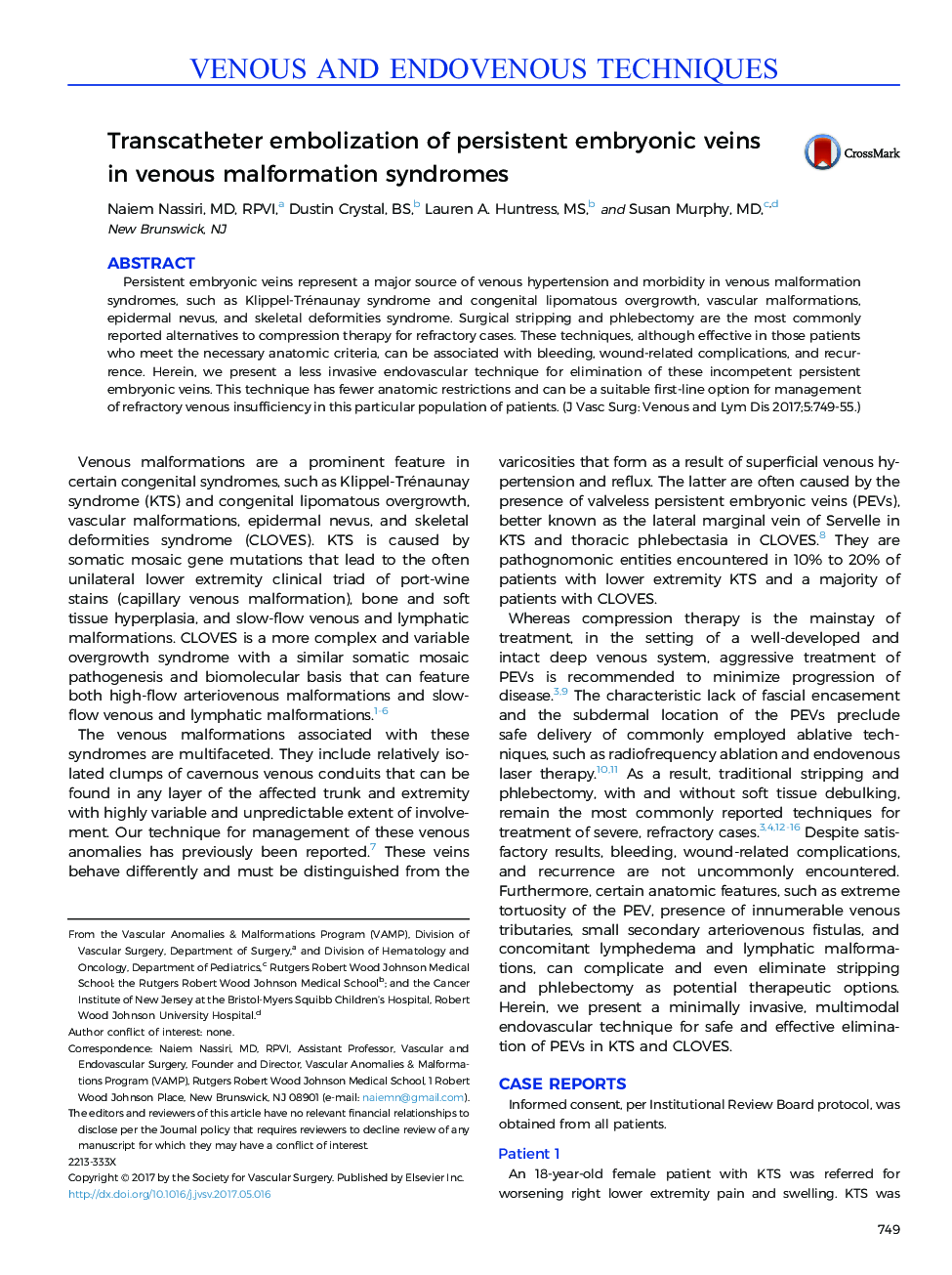 Transcatheter embolization of persistent embryonic veins inÂ venous malformation syndromes