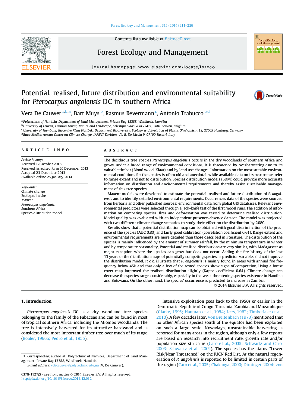 Potential, realised, future distribution and environmental suitability for Pterocarpus angolensis DC in southern Africa