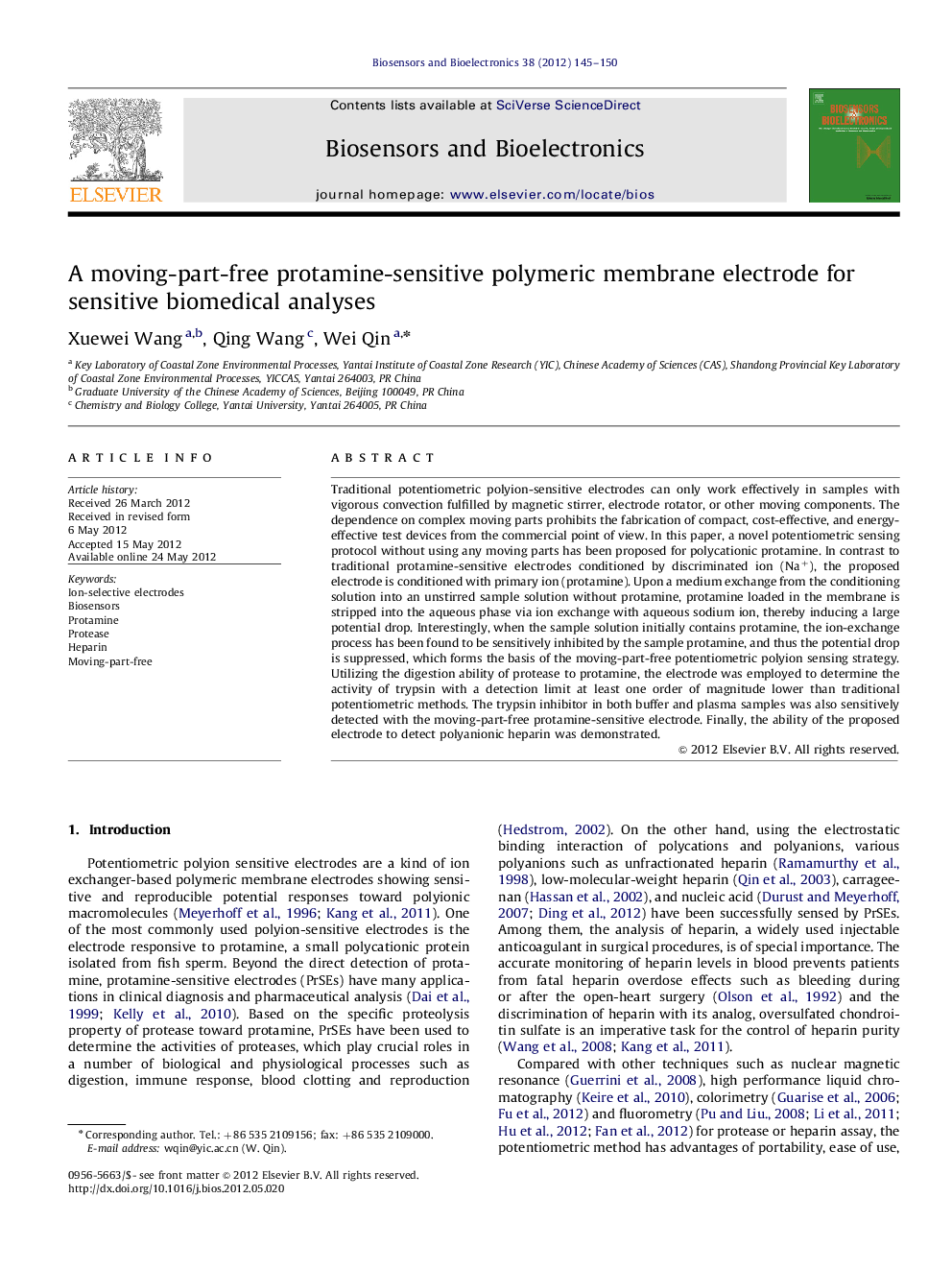 A moving-part-free protamine-sensitive polymeric membrane electrode for sensitive biomedical analyses