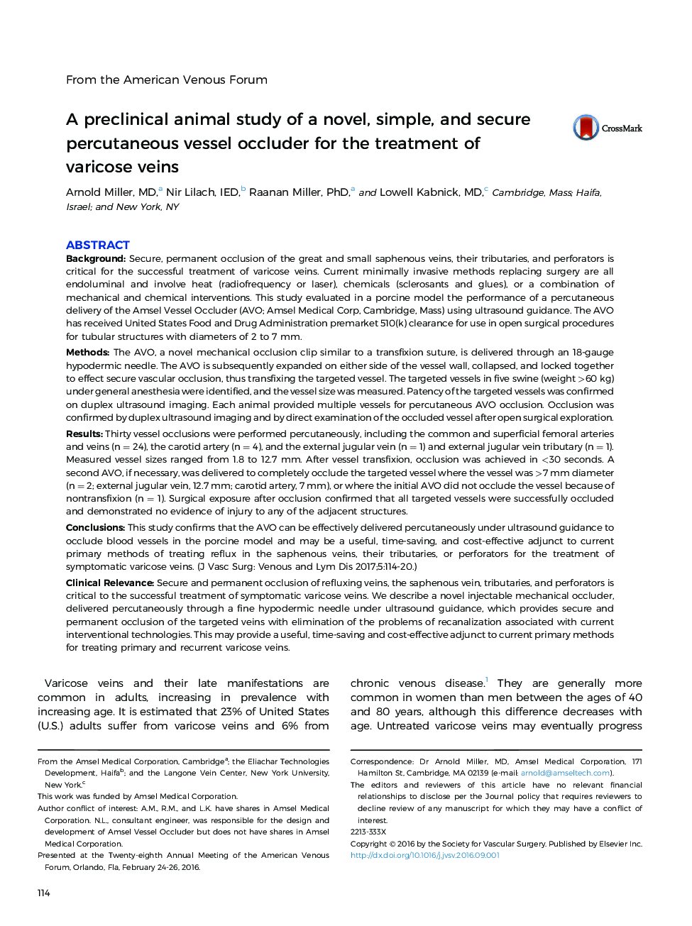 A preclinical animal study of a novel, simple, and secure percutaneous vessel occluder for the treatment of varicoseÂ veins