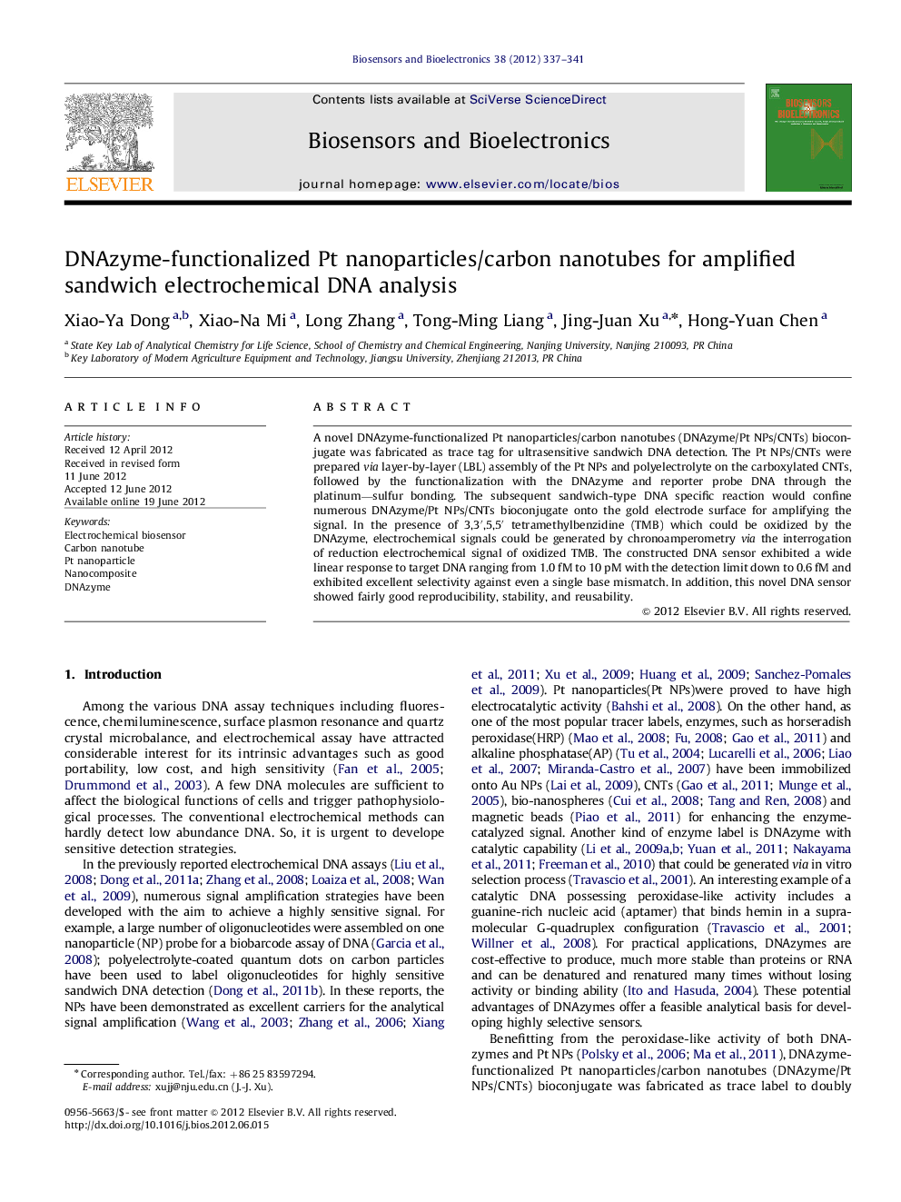 DNAzyme-functionalized Pt nanoparticles/carbon nanotubes for amplified sandwich electrochemical DNA analysis