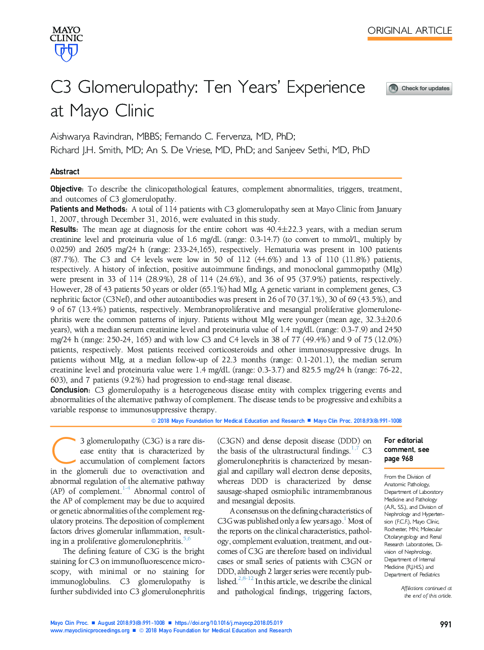 C3 Glomerulopathy: Ten Years' Experience at Mayo Clinic