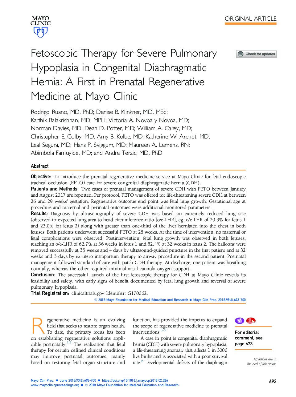 Fetoscopic Therapy for Severe Pulmonary Hypoplasia in Congenital Diaphragmatic Hernia: A First in Prenatal Regenerative Medicine at Mayo Clinic