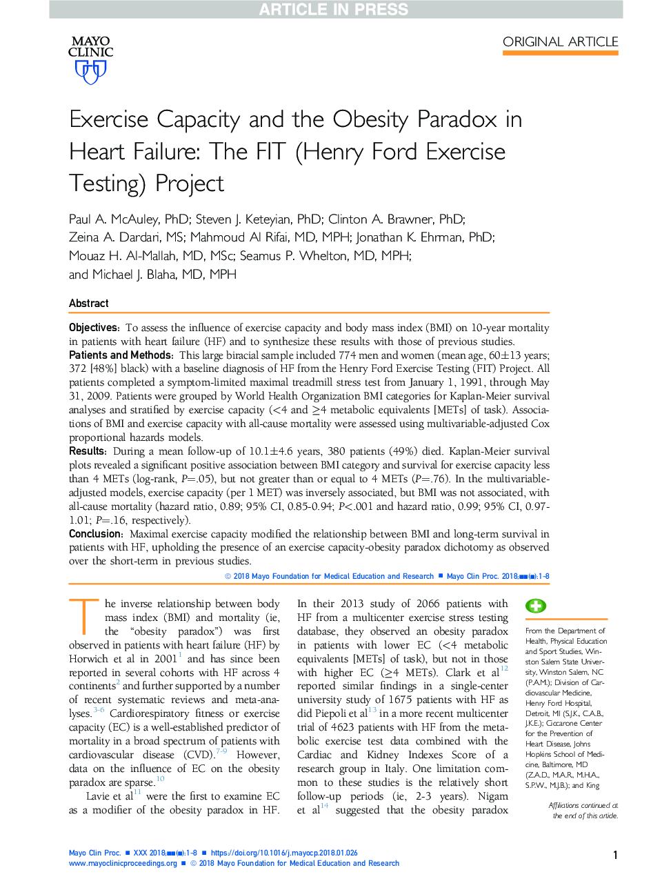 Exercise Capacity and the Obesity Paradox in Heart Failure: The FIT (Henry Ford Exercise Testing) Project