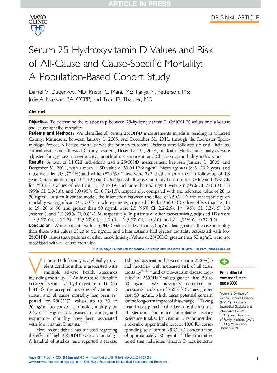 Serum 25-Hydroxyvitamin D Values and Risk of All-Cause and Cause-Specific Mortality: A Population-Based Cohort Study