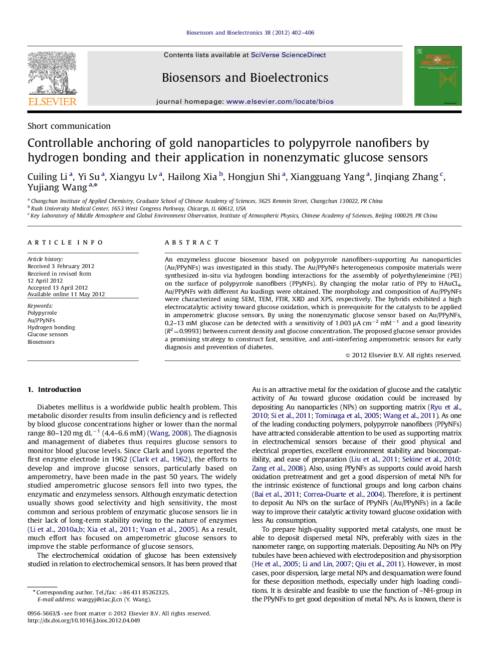 Controllable anchoring of gold nanoparticles to polypyrrole nanofibers by hydrogen bonding and their application in nonenzymatic glucose sensors