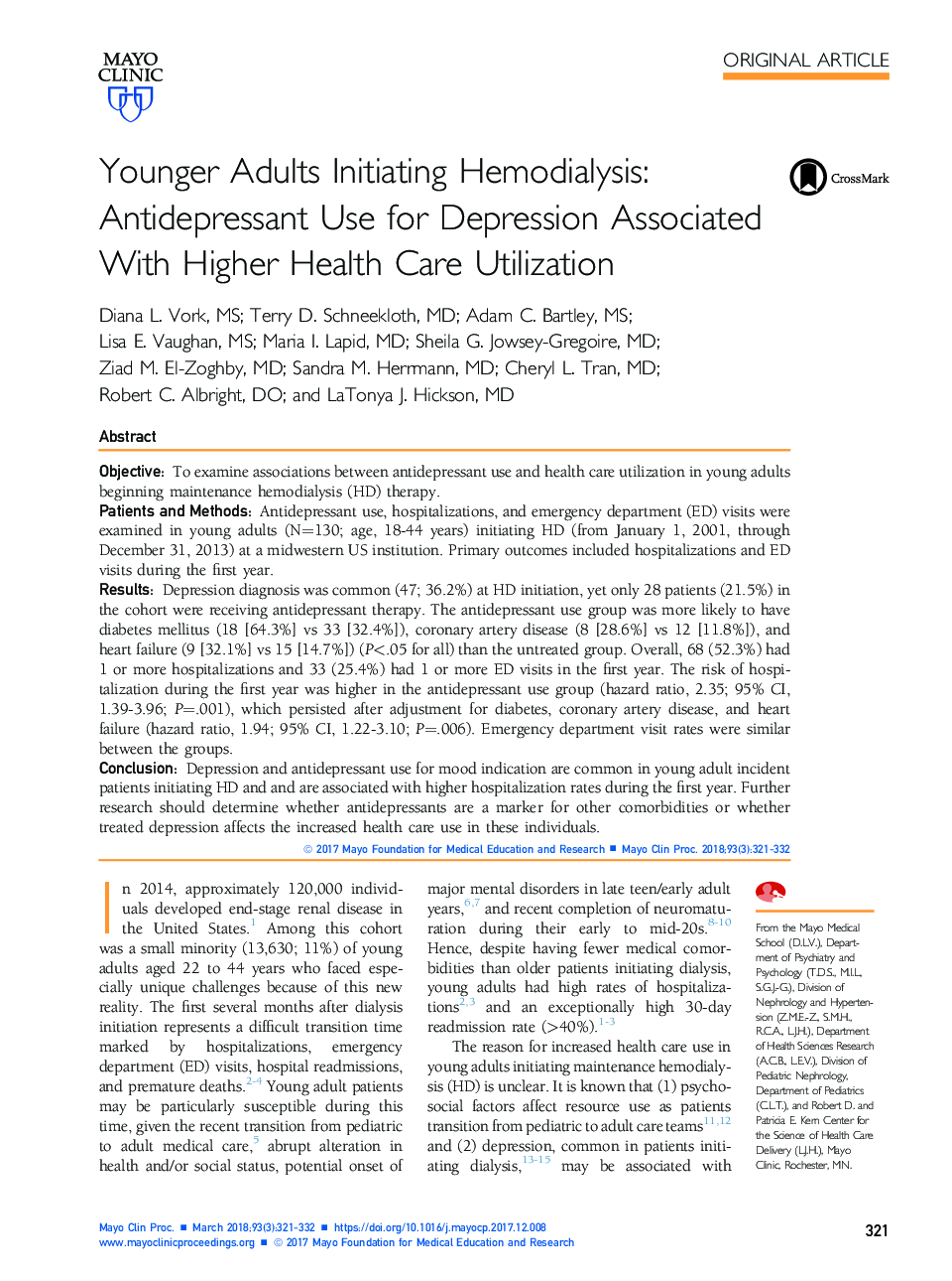 بزرگسالان جوانتر آغاز همودیالیز: استفاده از داروهای ضد افسردگی برای افسردگی همراه با استفاده از مراقبت های بهداشتی 