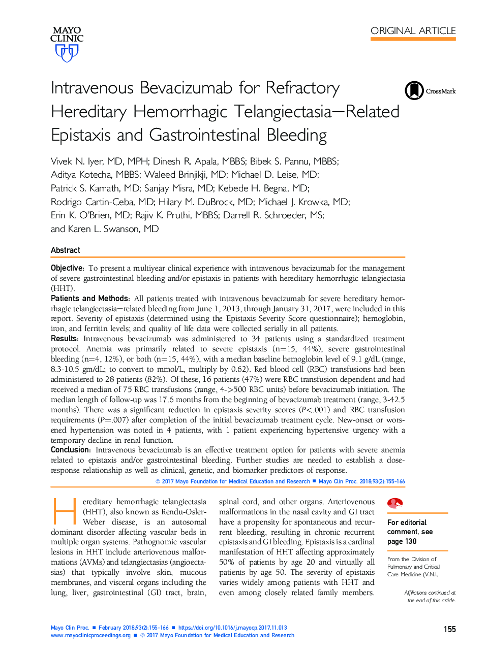 Intravenous Bevacizumab for Refractory Hereditary Hemorrhagic Telangiectasia-Related Epistaxis and Gastrointestinal Bleeding