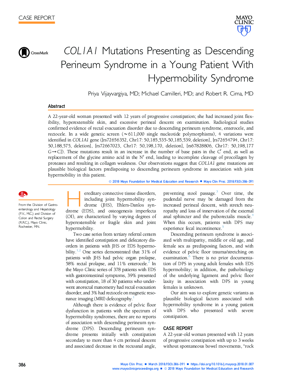 COL1A1 Mutations Presenting as Descending Perineum Syndrome in a Young Patient With Hypermobility Syndrome