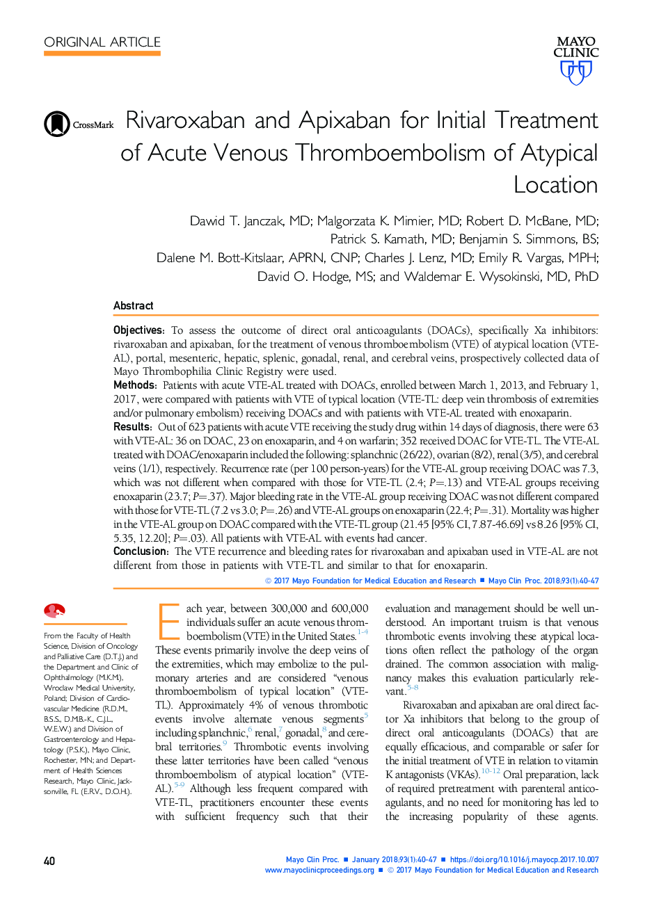 Rivaroxaban and Apixaban for Initial Treatment of Acute Venous Thromboembolism of Atypical Location