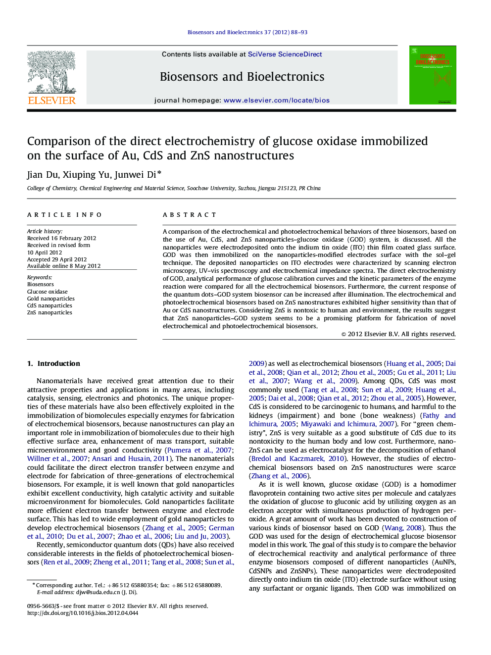 Comparison of the direct electrochemistry of glucose oxidase immobilized on the surface of Au, CdS and ZnS nanostructures