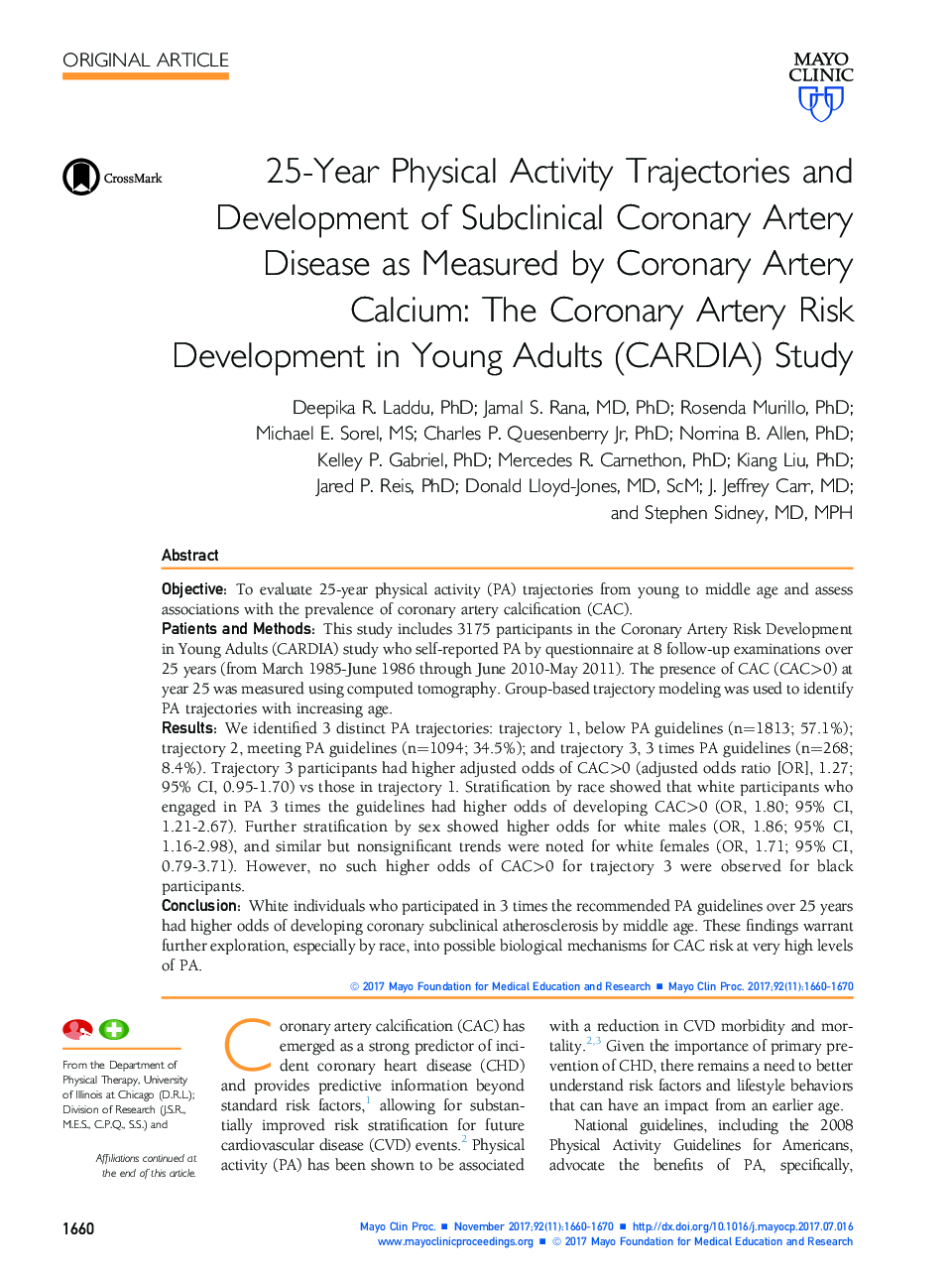 25-Year Physical Activity Trajectories and Development of Subclinical Coronary Artery Disease as Measured by Coronary Artery Calcium: The Coronary Artery Risk Development in Young Adults (CARDIA) Study