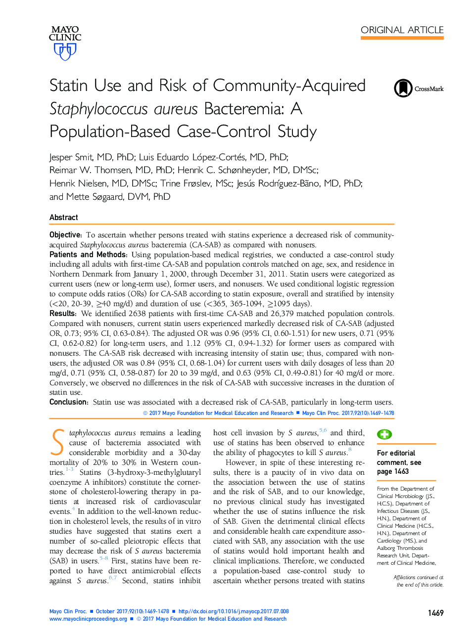 استفاده از استاتین و خطر ابتلا به استافیلوکوک اورئوس باکتریایی در جامعه: یک مطالعه مورد شاهدی مبتنی بر جمعیت 