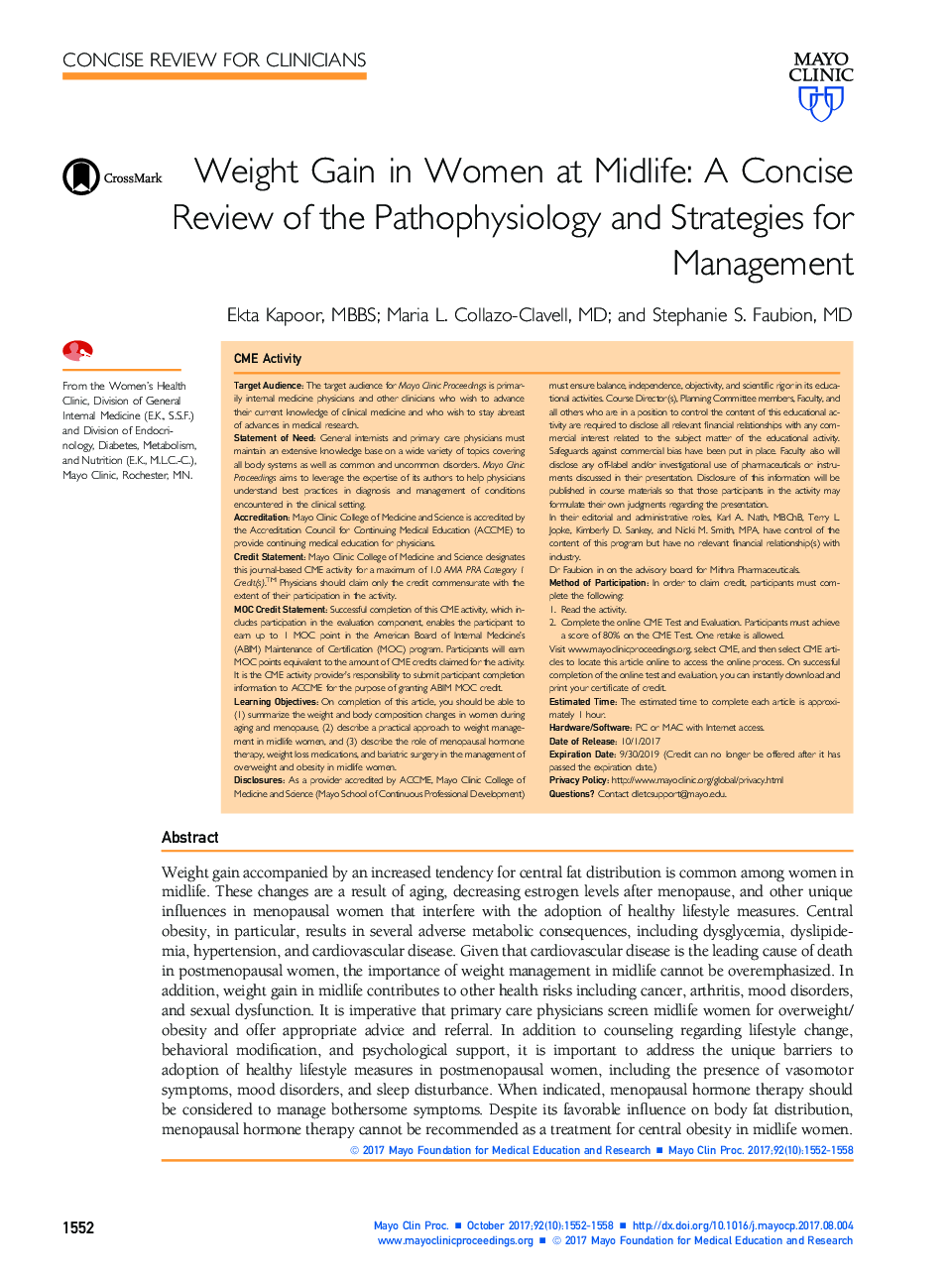 Weight Gain in Women at Midlife: A Concise Review of the Pathophysiology and Strategies for Management