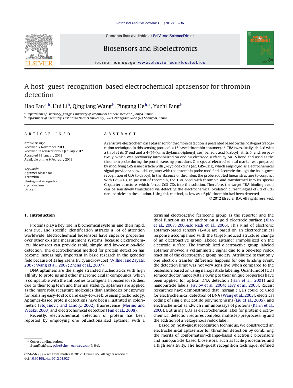 A host–guest-recognition-based electrochemical aptasensor for thrombin detection